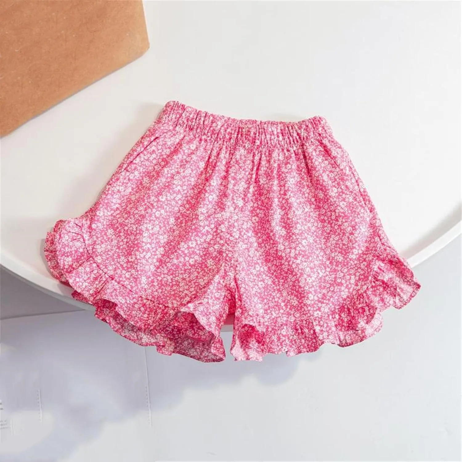 Girls Summer Shorts High Waisted Elastic Waist Flower Print Shorts Toddler Girls A-Line Ruffle Short Pants Cute Pants