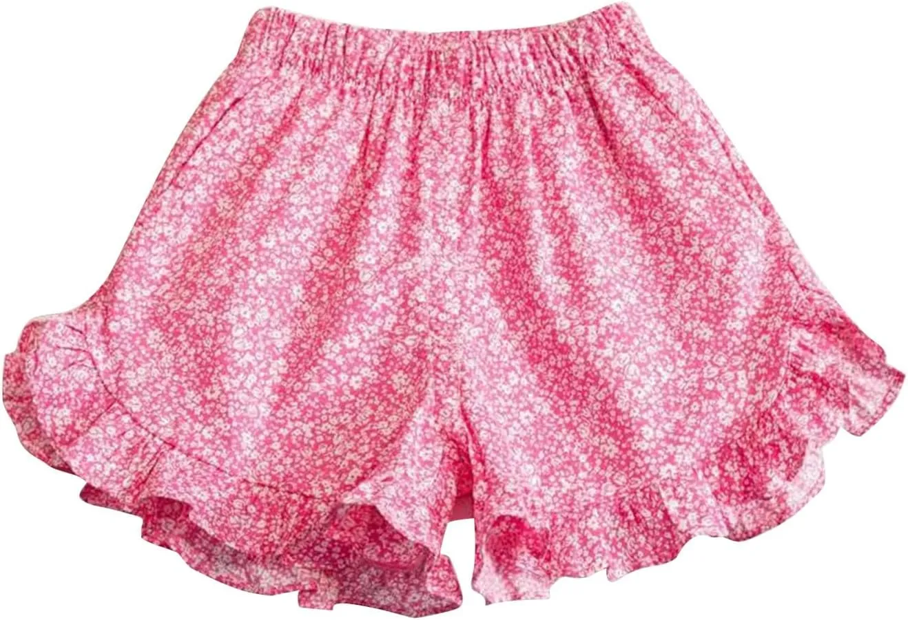 Girls Summer Shorts High Waisted Elastic Waist Flower Print Shorts Toddler Girls A-Line Ruffle Short Pants Cute Pants