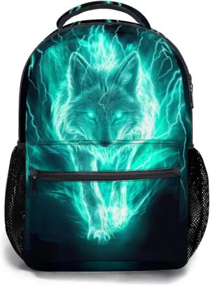Giwawa Fire Wolf Backpacks Flaming Lightning Animal Print Kids School Bag Daypacks Laptop Bookbag Adjustable Shoulder Strap & Multi Pockets for Teens Boys Girls Women Men Camping Travel