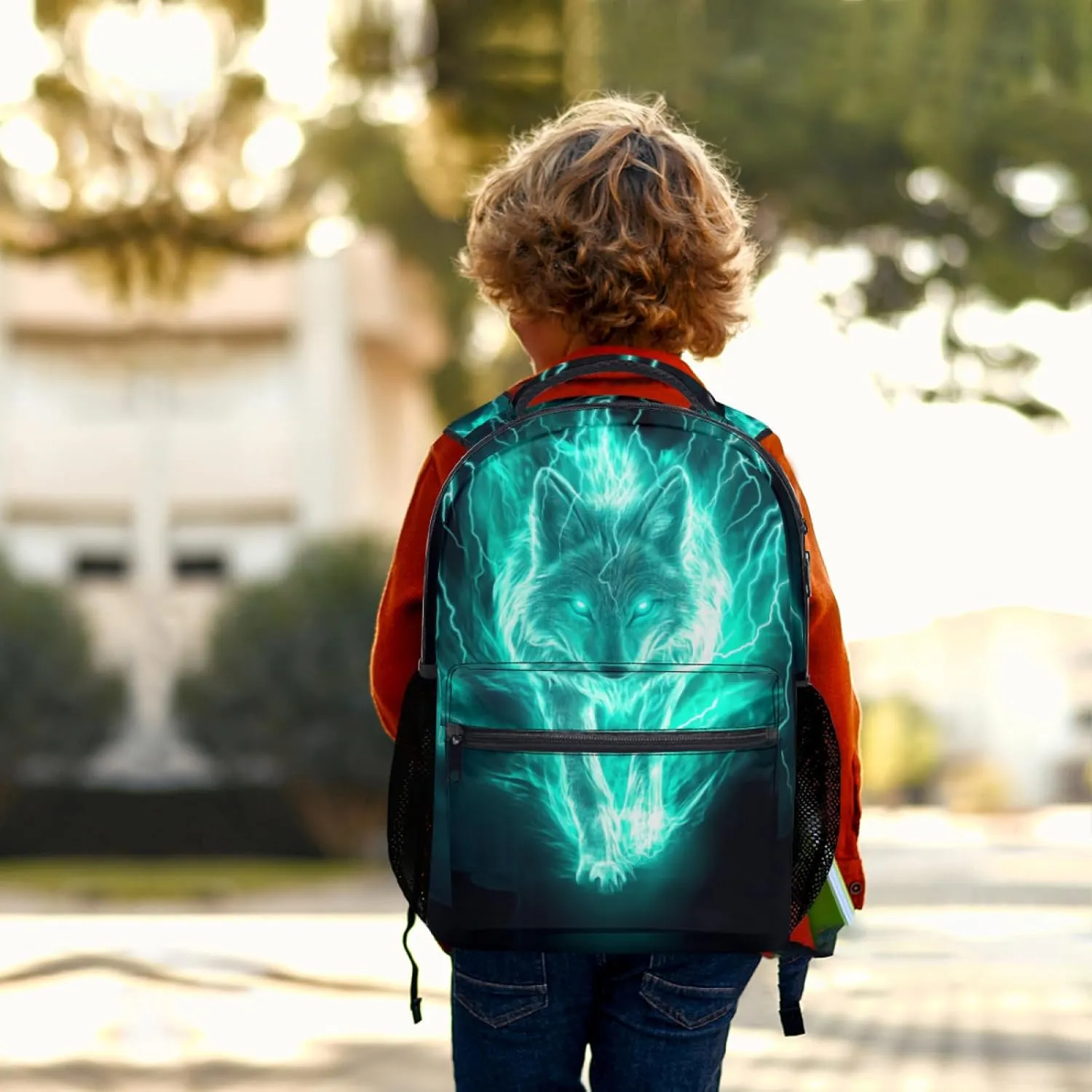 Giwawa Fire Wolf Backpacks Flaming Lightning Animal Print Kids School Bag Daypacks Laptop Bookbag Adjustable Shoulder Strap & Multi Pockets for Teens Boys Girls Women Men Camping Travel