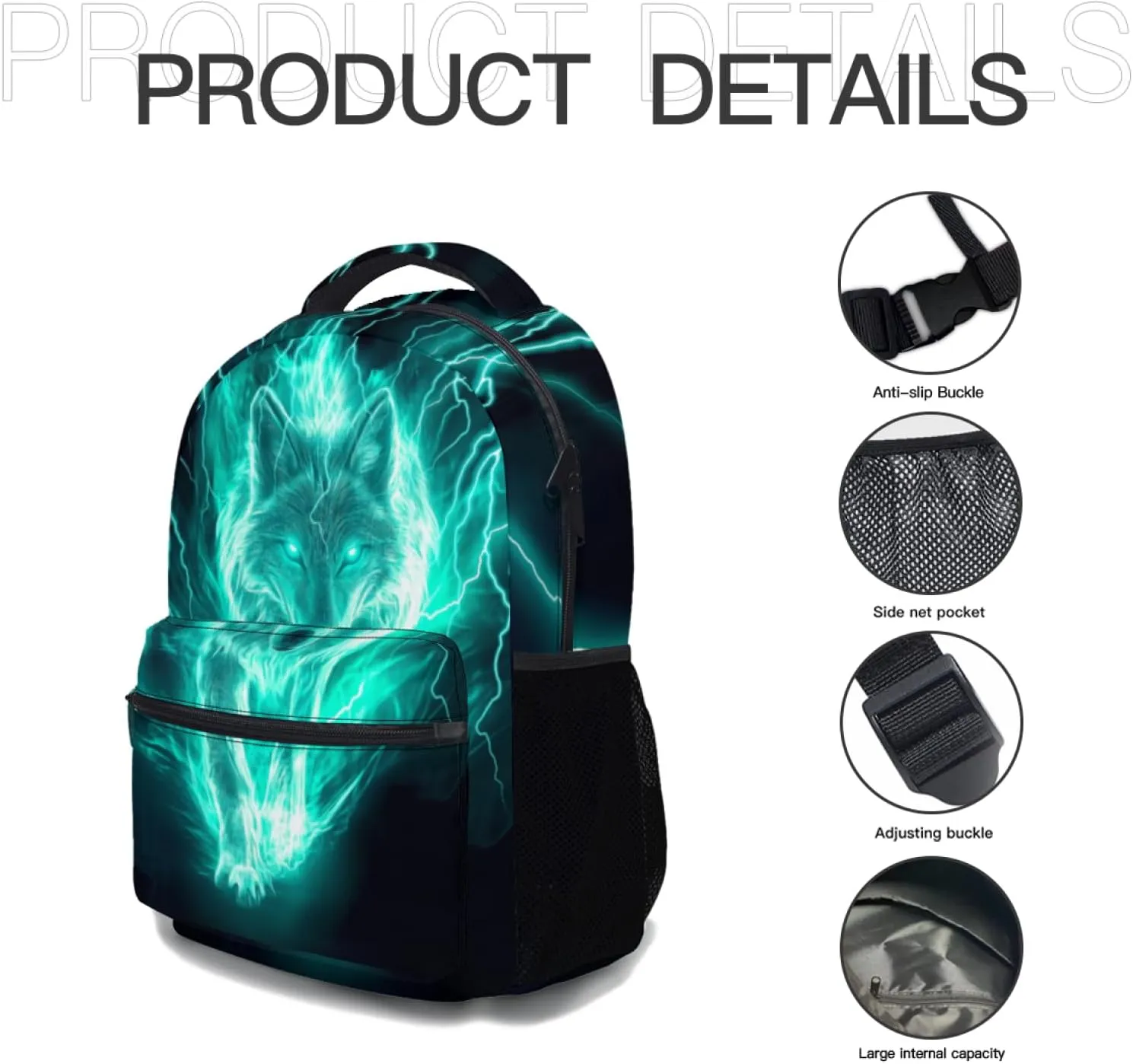 Giwawa Fire Wolf Backpacks Flaming Lightning Animal Print Kids School Bag Daypacks Laptop Bookbag Adjustable Shoulder Strap & Multi Pockets for Teens Boys Girls Women Men Camping Travel