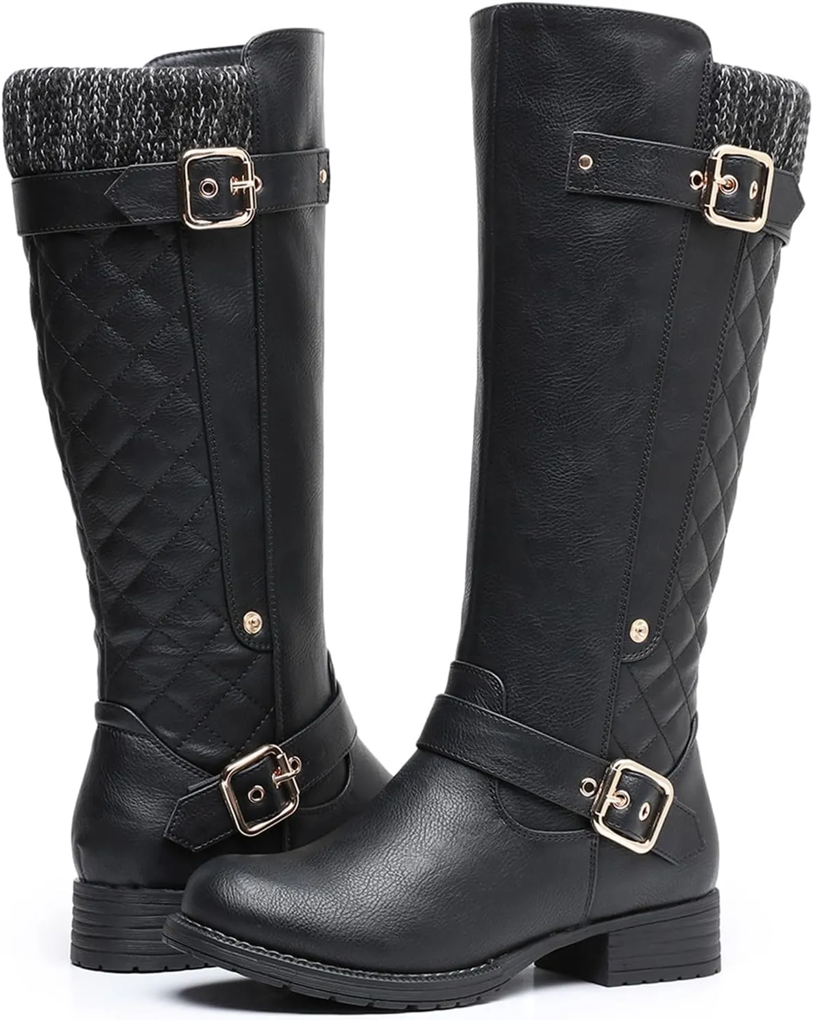 GLOBALWIN Women's Quilted Knee High Boots For Women Low Heel Comfortable Fashion Riding Boots