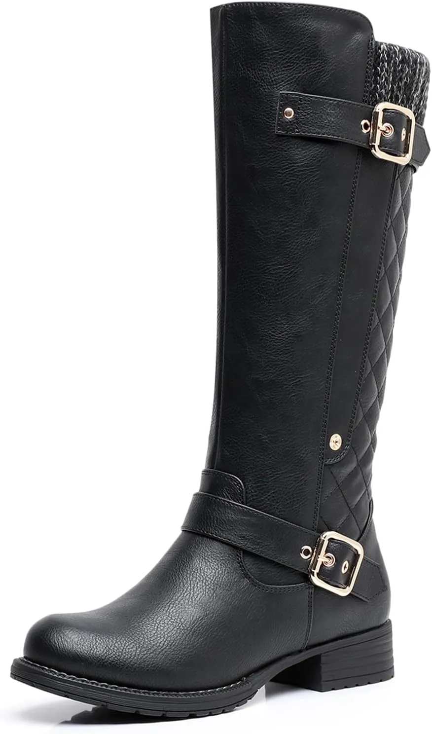 GLOBALWIN Women's Quilted Knee High Boots For Women Low Heel Comfortable Fashion Riding Boots