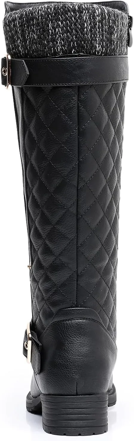 GLOBALWIN Women's Quilted Knee High Boots For Women Low Heel Comfortable Fashion Riding Boots