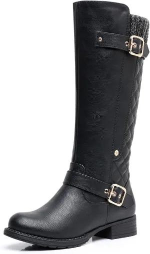 GLOBALWIN Women's Quilted Knee High Boots For Women Low Heel Comfortable Fashion Riding Boots