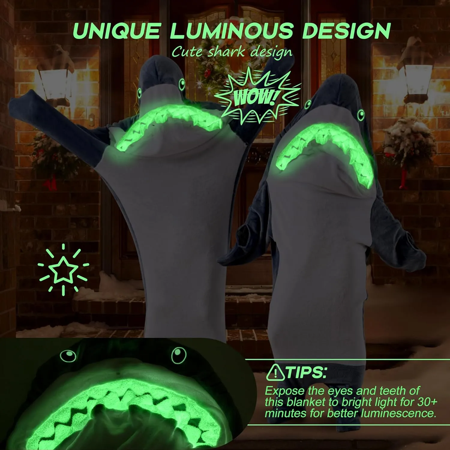 Glow in The Dark Shark Blanket for Adult, Shark Costume with Shiny Eyes and Teeth, Shark Onesie as Gift for Lover, Shark Hoodie for Girls, Shark Sleeping Bag, M Size for 47-57 Inch Height