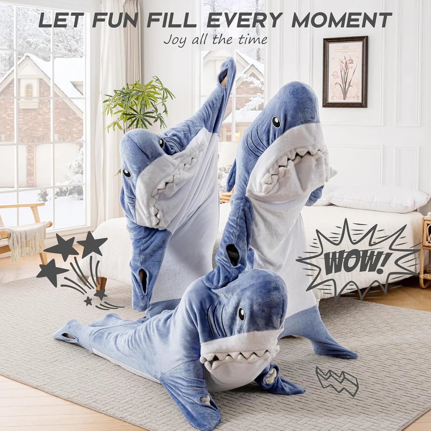 Glow in The Dark Shark Blanket for Adult, Shark Costume with Shiny Eyes and Teeth, Shark Onesie as Gift for Lover, Shark Hoodie for Girls, Shark Sleeping Bag, M Size for 47-57 Inch Height