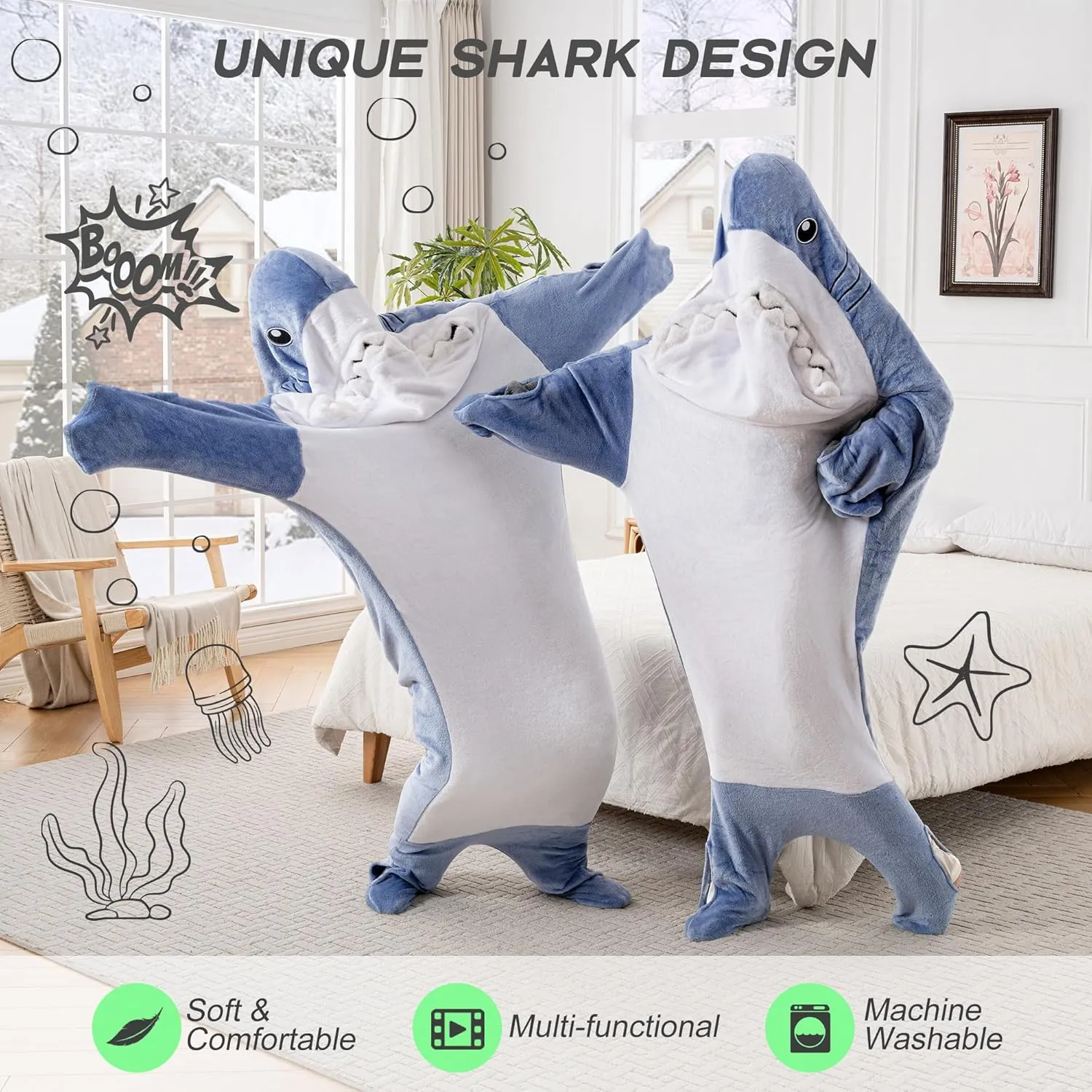 Glow in The Dark Shark Blanket for Adult, Shark Costume with Shiny Eyes and Teeth, Shark Onesie as Gift for Lover, Shark Hoodie for Girls, Shark Sleeping Bag, M Size for 47-57 Inch Height