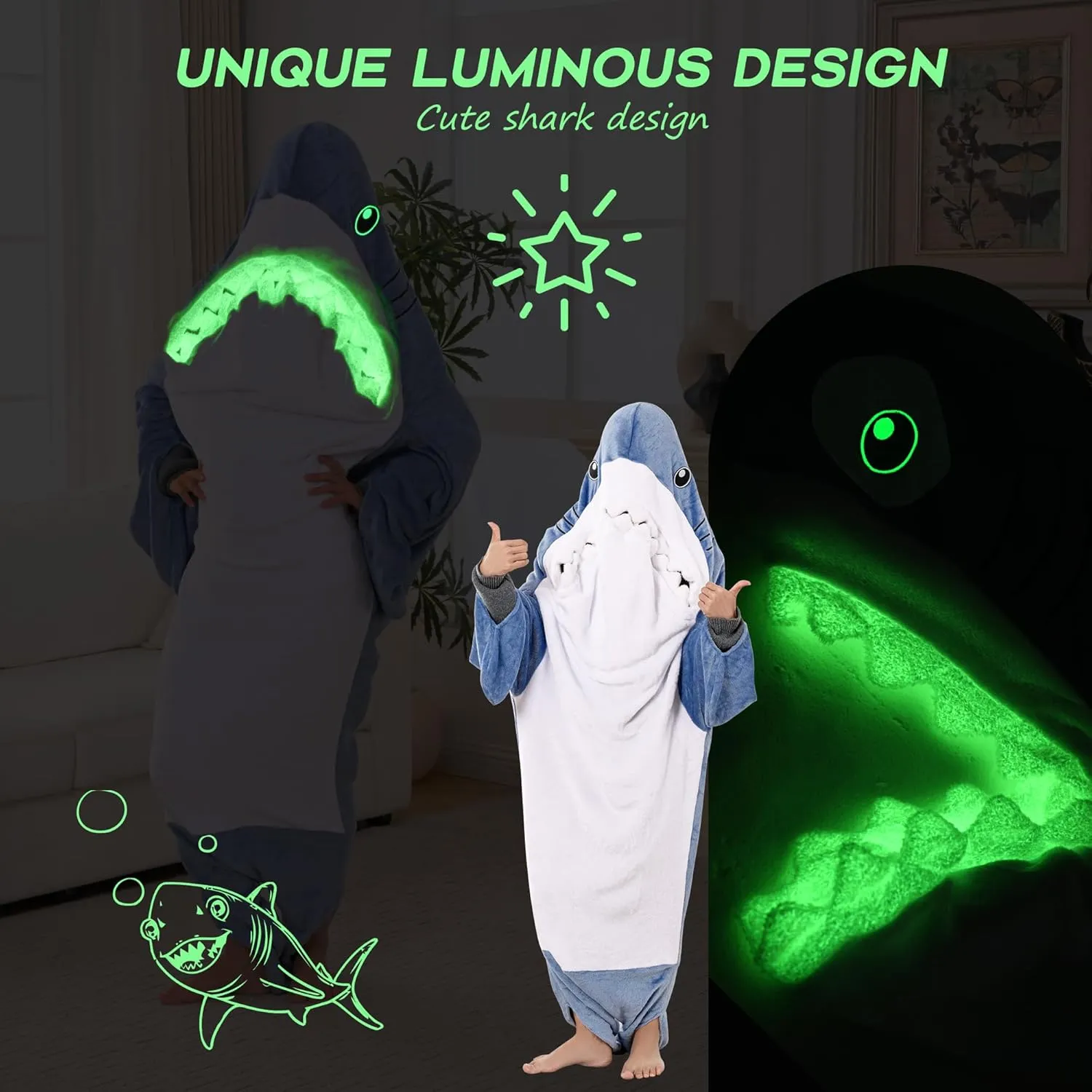 Glow in The Dark Shark Blanket for Adult, Shark Costume with Shiny Eyes and Teeth, Shark Onesie as Gift for Lover, Shark Hoodie for Girls, Shark Sleeping Bag, M Size for 47-57 Inch Height