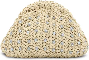 GOKTOW Straw Rhinestone Dumpling Clutch Purse,Summer Raffia Rattan Vacation Beach Bag for Women 2025