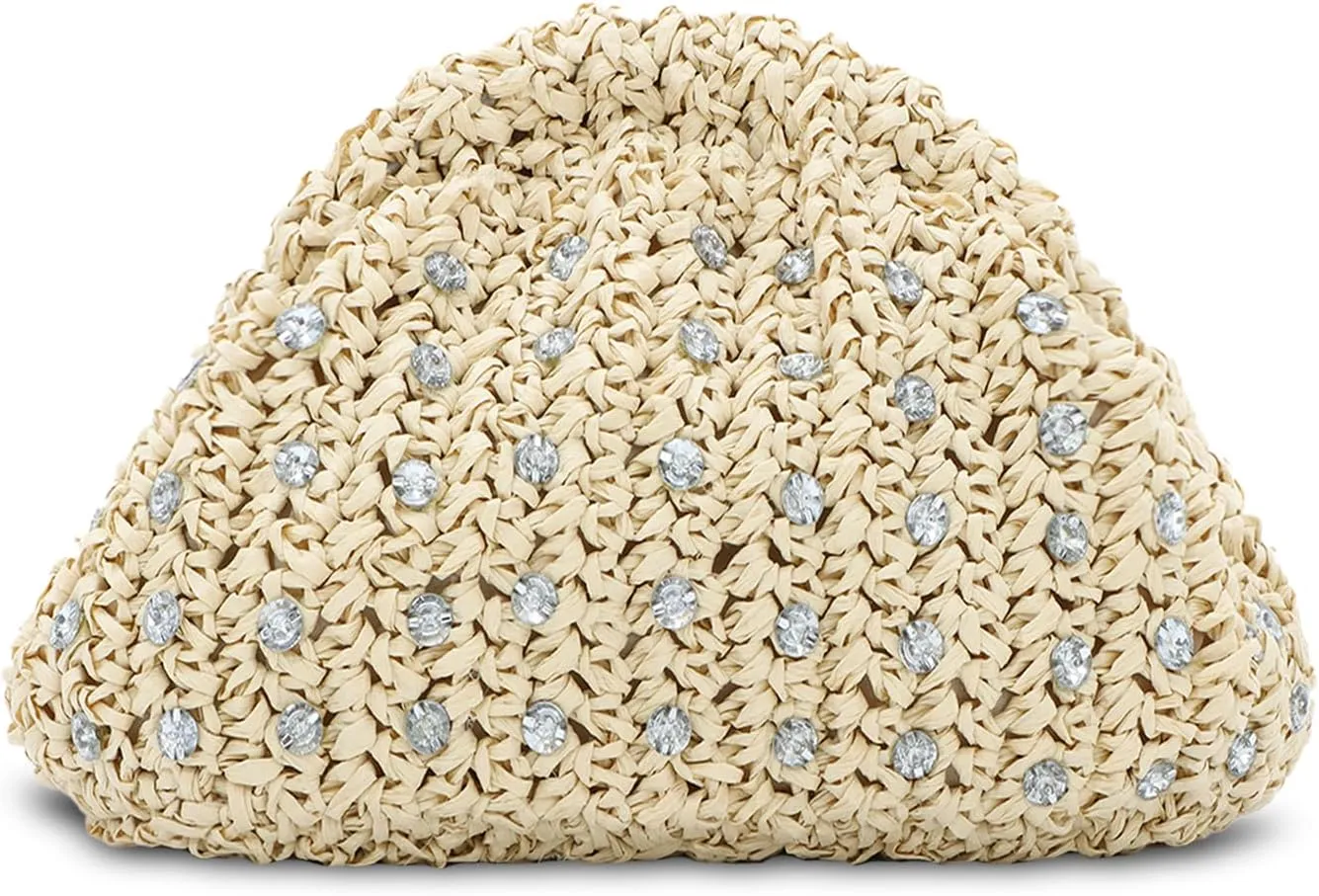 GOKTOW Straw Rhinestone Dumpling Clutch Purse,Summer Raffia Rattan Vacation Beach Bag for Women 2025