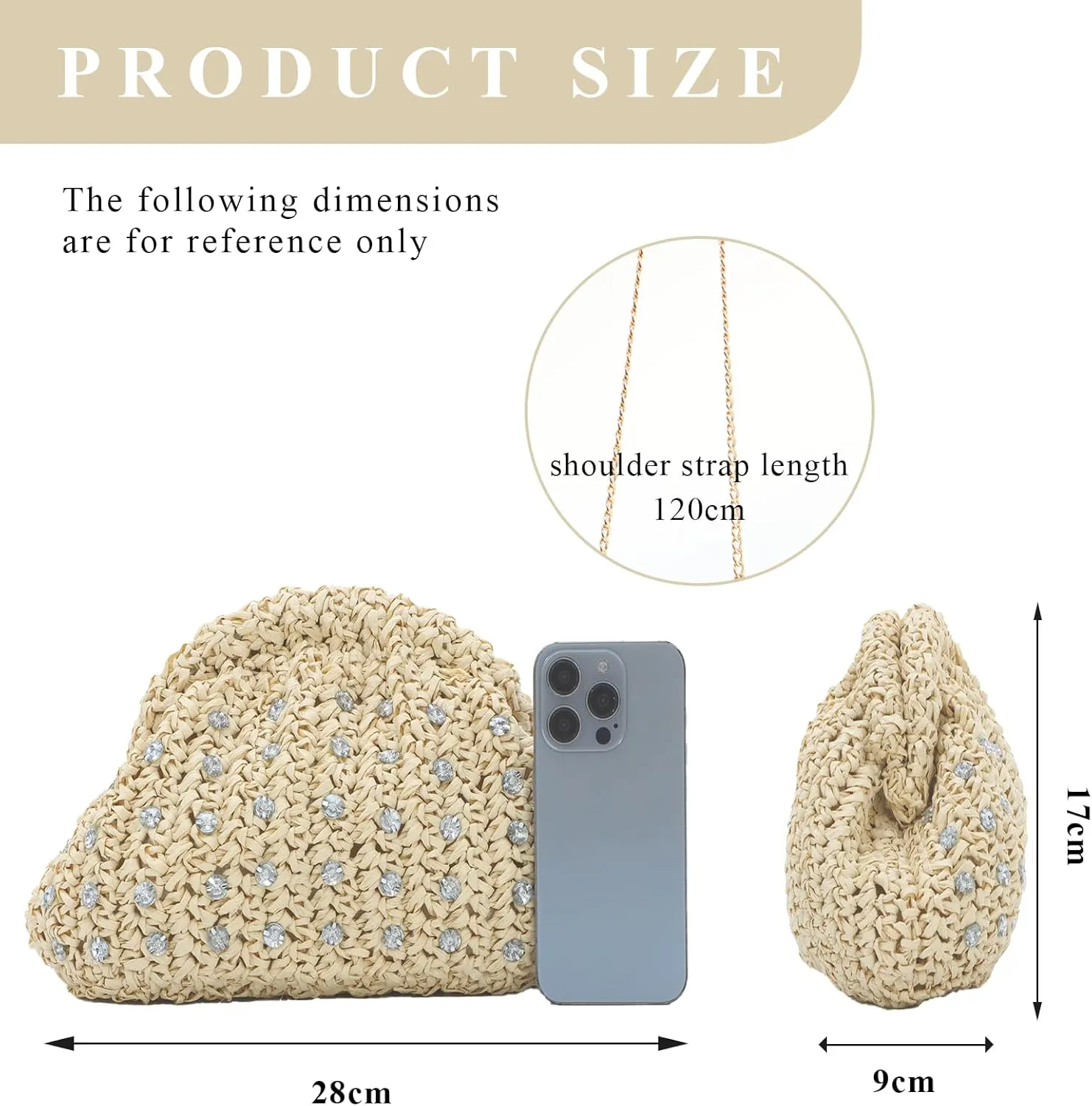 GOKTOW Straw Rhinestone Dumpling Clutch Purse,Summer Raffia Rattan Vacation Beach Bag for Women 2025