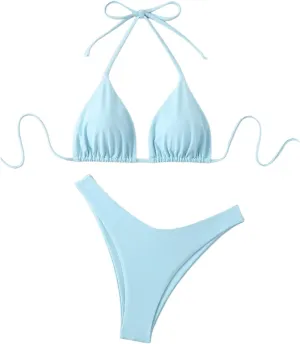 GORGLITTER Women's High Waisted Thong Bikini Set Halter Triangle Tie Back Swimsuit Bathing Suit