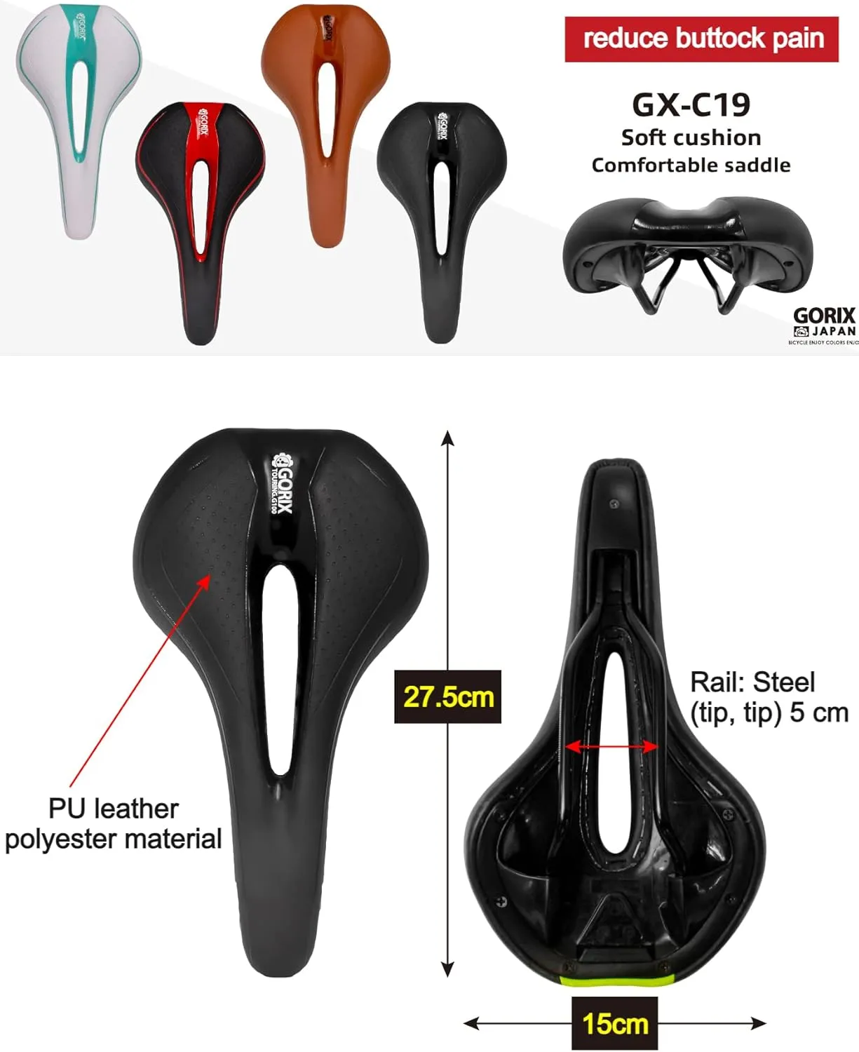 GORIX Bike Saddle Seat Comfortable Cushion with Rail Mountain Road Bicycle for Men and Women (GX-C19)