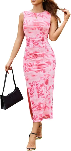 GRACE KARIN Floral Summer Dresses for Women 2025 Bodycon Sleeveless Midi Dress Side Slit Wedding Cocktail Party Dresses