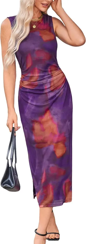 GRACE KARIN Floral Summer Dresses for Women 2025 Bodycon Sleeveless Midi Dress Side Slit Wedding Cocktail Party Dresses