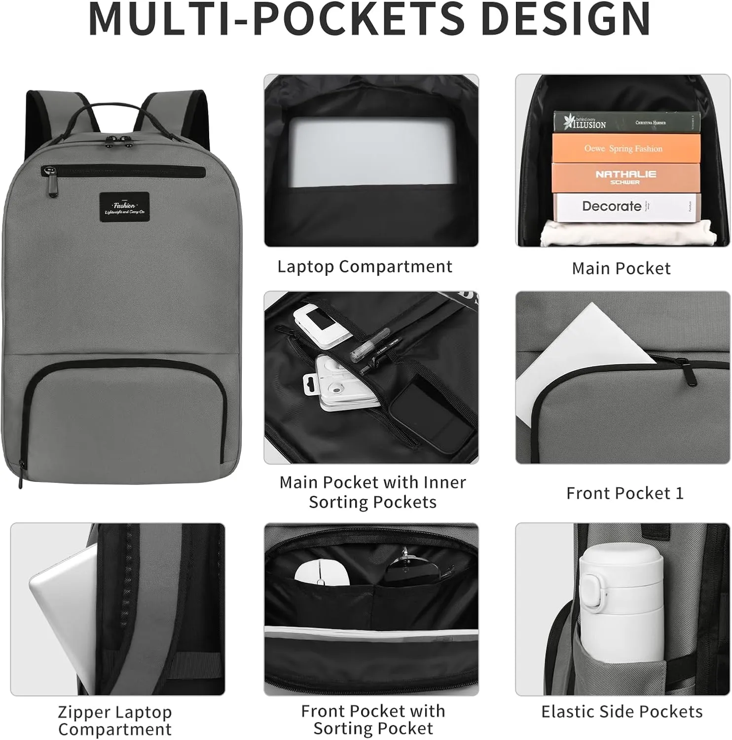 Gray Backpacks for Men, Laptop Travel Backpack,Back packs for College Students, Mens Back Pack for Work,Lightweight Book Bags for School, Bookbag for Boys Girls, Casual Daypacks