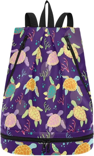 Gym Drawstring Bags Daypacks Backpack Purse Casual Knapsack Shoulder Bag Sitting Rucksack Swimming Equipment Bags Print Colorful Sea Turtles Algaes Seamless On Purple