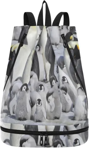 Gym Drawstring Bags Daypacks Backpack Purse Casual Knapsack Shoulder Bag Sitting Rucksack Swimming Equipment Bags Print Emperor Penguins with Chick On Winter Snow