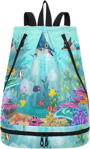 Gym Drawstring Bags Daypacks Backpack Purse Casual Knapsack Shoulder Bag Sitting Rucksack Swimming Equipment Bags Print Fishes Coral Reefs Colorful Turquoise Water Undersea