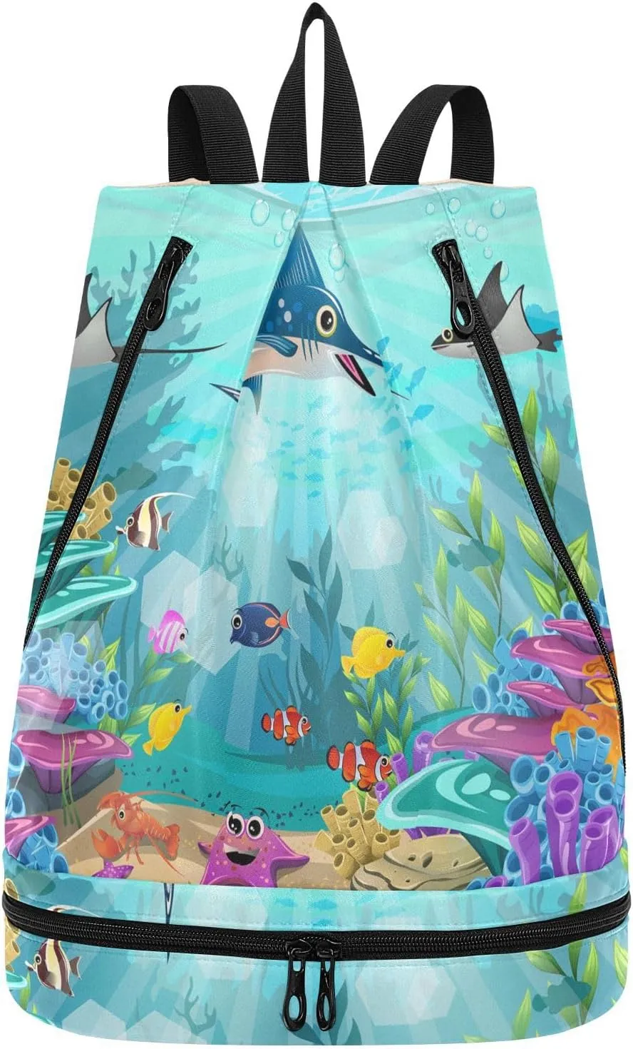 Gym Drawstring Bags Daypacks Backpack Purse Casual Knapsack Shoulder Bag Sitting Rucksack Swimming Equipment Bags Print Fishes Coral Reefs Colorful Turquoise Water Undersea