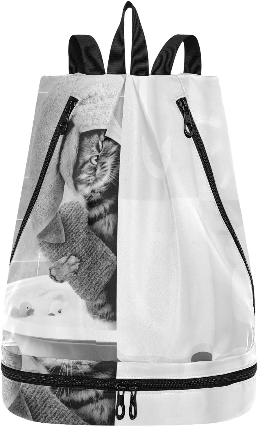 Gym Drawstring Bags Daypacks Backpack Purse Casual Knapsack Shoulder Bag Sitting Rucksack Swimming Equipment Bags Print Funny Cat Taking a Bath Behind Shower Curtain