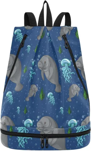 Gym Drawstring Bags Daypacks Backpack Purse Casual Knapsack Shoulder Bag Sitting Rucksack Swimming Equipment Bags Print Manatee Blue Jellyfishes Weeds In Blue Undersea Life