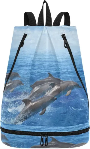 Gym Drawstring Bags Daypacks Backpack Purse Casual Knapsack Shoulder Bag Sitting Rucksack Swimming Equipment Bags Print Marine Dolphins Jumping Out Of Blue Sea Water Sky