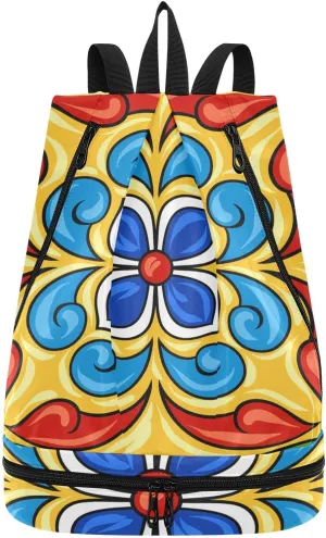 Gym Drawstring Bags Daypacks Backpack Purse Casual Knapsack Shoulder Bag Sitting Rucksack Swimming Equipment Bags Print Mexican Ceramic Tile Ethnic Folk Ornament Style