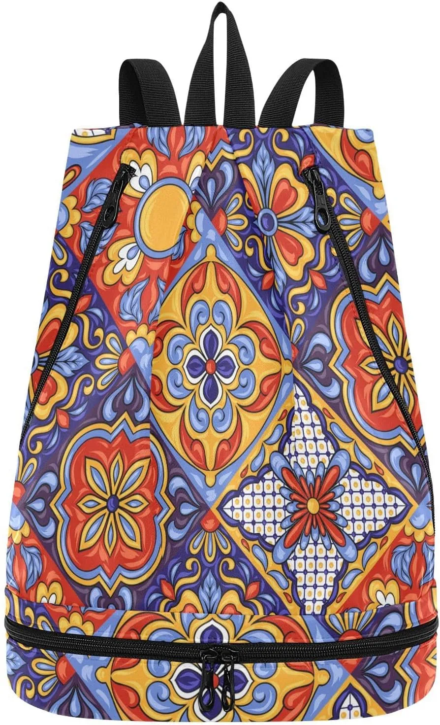 Gym Drawstring Bags Daypacks Backpack Purse Casual Knapsack Shoulder Bag Sitting Rucksack Swimming Equipment Bags Print Mexican Talavera Ceramic Tile Ethnic Folk Art Colorful