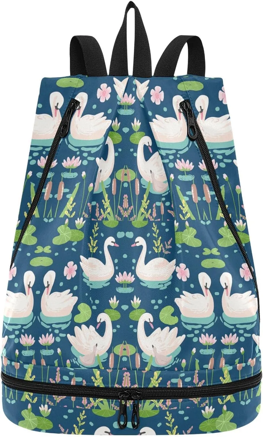 Gym Drawstring Bags Daypacks Backpack Purse Casual Knapsack Shoulder Bag Sitting Rucksack Swimming Equipment Bags Print White Swans Water Lilies Green Leaves Pond