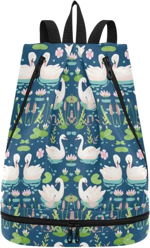 Gym Drawstring Bags Daypacks Backpack Purse Casual Knapsack Shoulder Bag Sitting Rucksack Swimming Equipment Bags Print White Swans Water Lilies Green Leaves Pond