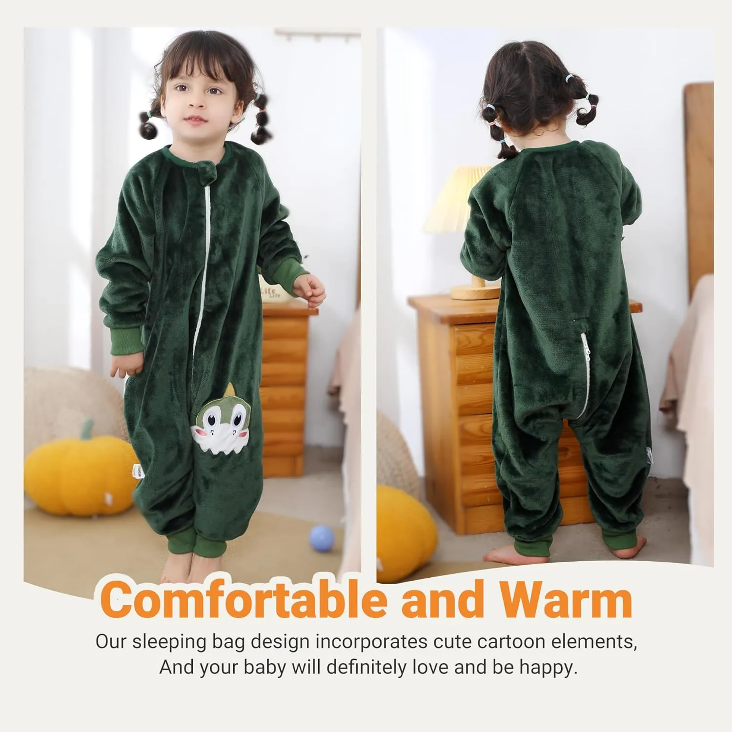 HAHASHOW Baby Winter Sleep Sack with Feet, Unisex Long Sleeve Toddler Sleeping Bag, Flannel Early Walker Sack, 4-5T, Green