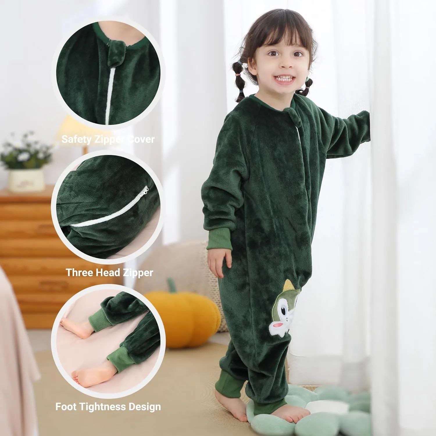 HAHASHOW Baby Winter Sleep Sack with Feet, Unisex Long Sleeve Toddler Sleeping Bag, Flannel Early Walker Sack, 4-5T, Green