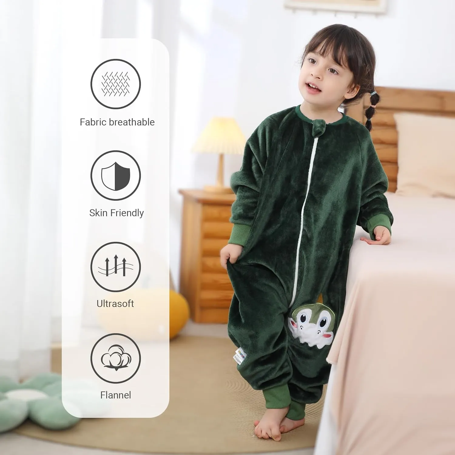 HAHASHOW Baby Winter Sleep Sack with Feet, Unisex Long Sleeve Toddler Sleeping Bag, Flannel Early Walker Sack, 4-5T, Green