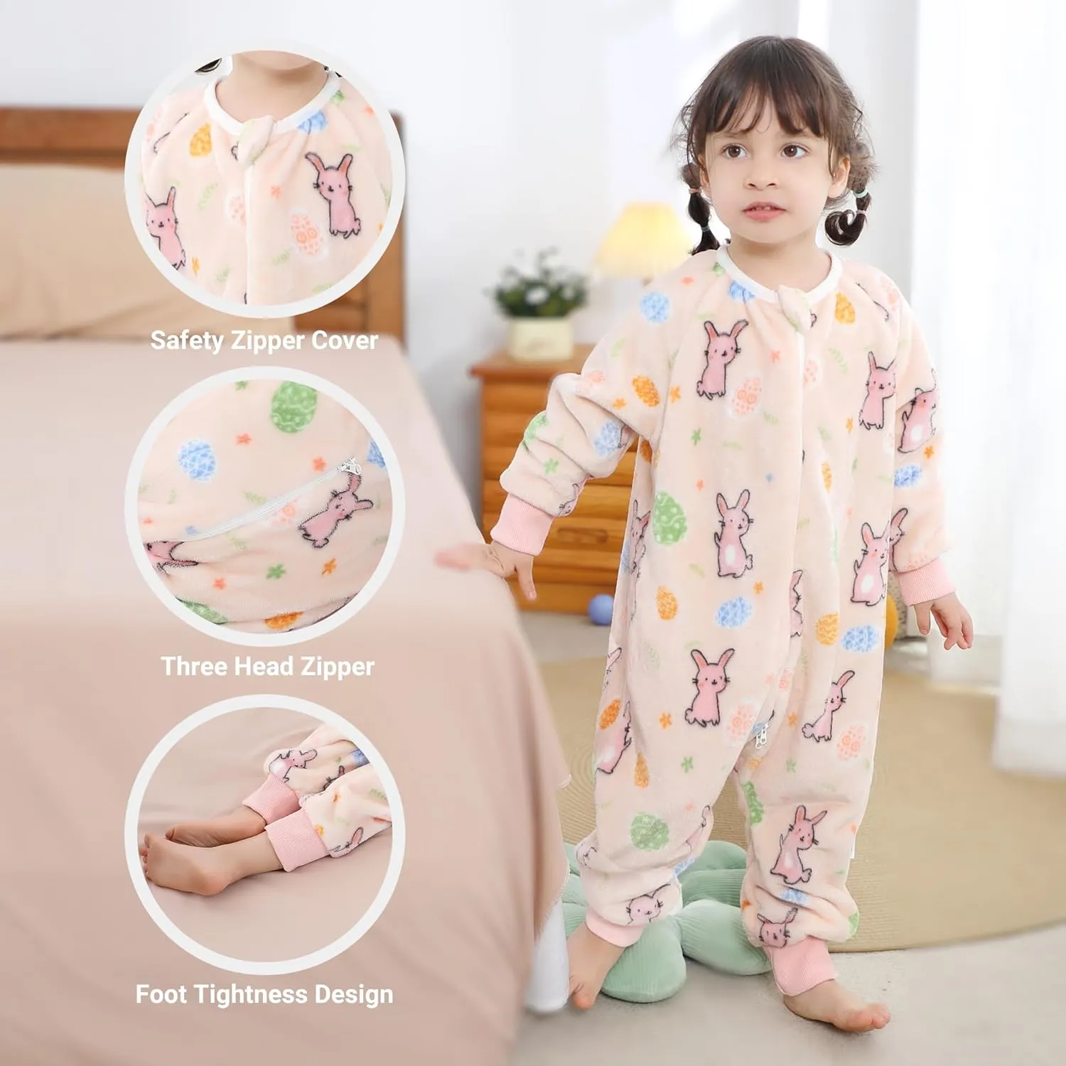 HAHASHOW Baby Winter Sleeping Sack with Feet, Unisex Long Sleeve Toddler Sleeping Bag, Flannel Early Walker Sleeping Sack, 18-24Months, Pale Pink