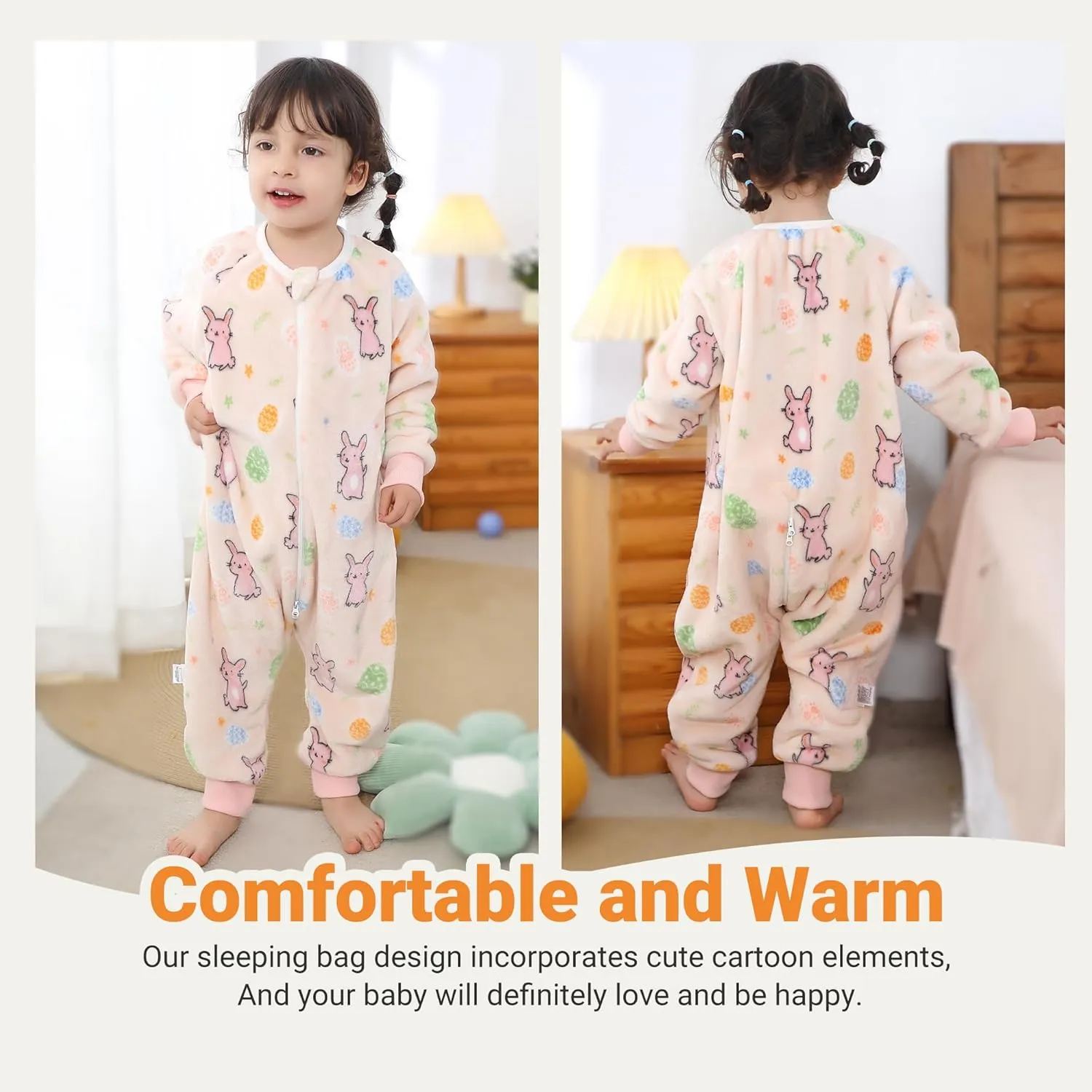 HAHASHOW Baby Winter Sleeping Sack with Feet, Unisex Long Sleeve Toddler Sleeping Bag, Flannel Early Walker Sleeping Sack, 18-24Months, Pale Pink
