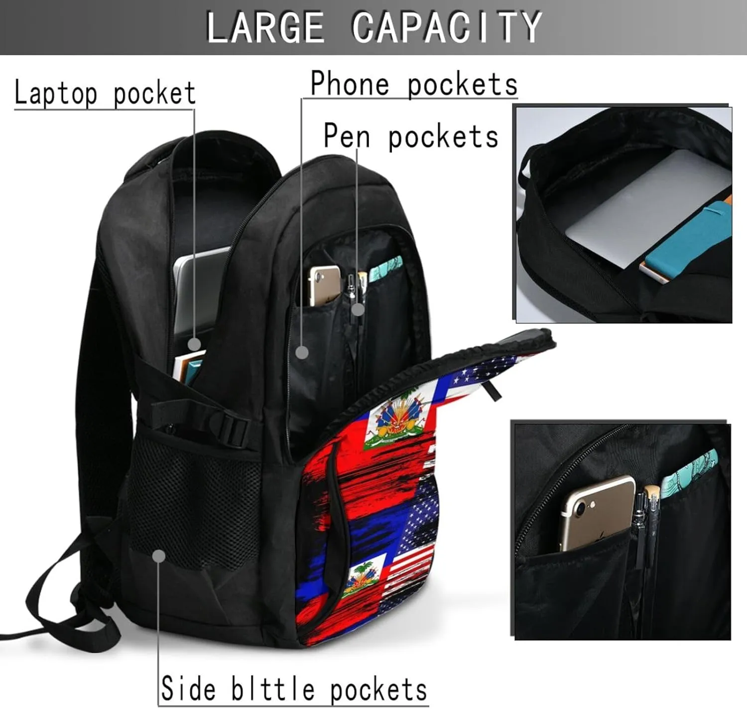 Haiti Haitian American Flag Travel Backpacks Casual Backpack Large Capacity Laptop Rucksack Luggage Daypacks with USB Charging Port Multi-Pockets Bags for Hiking
