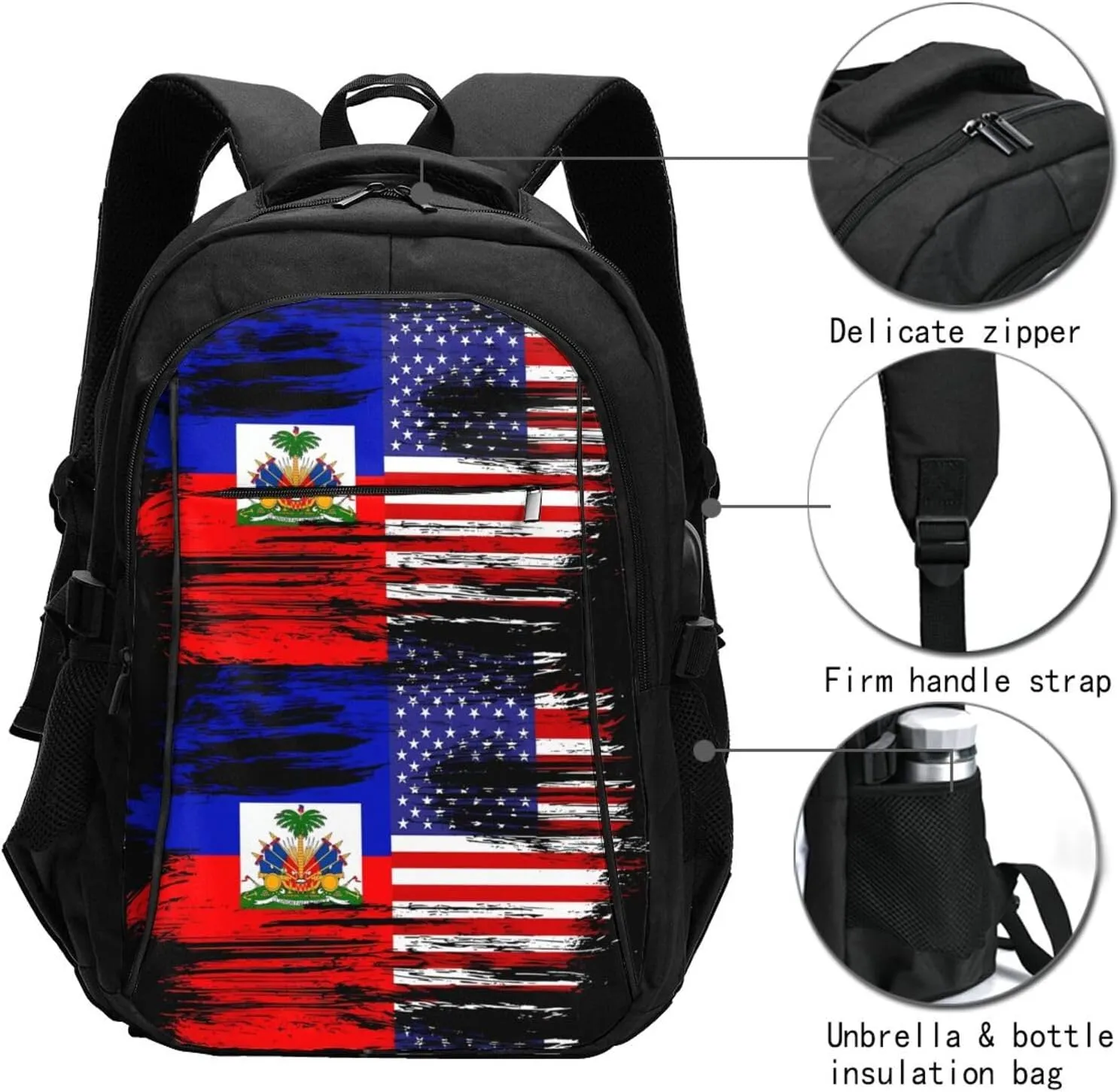 Haiti Haitian American Flag Travel Backpacks Casual Backpack Large Capacity Laptop Rucksack Luggage Daypacks with USB Charging Port Multi-Pockets Bags for Hiking