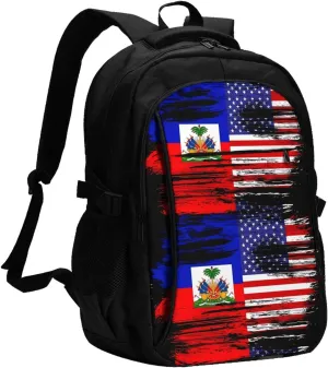 Haiti Haitian American Flag Travel Backpacks Casual Backpack Large Capacity Laptop Rucksack Luggage Daypacks with USB Charging Port Multi-Pockets Bags for Hiking