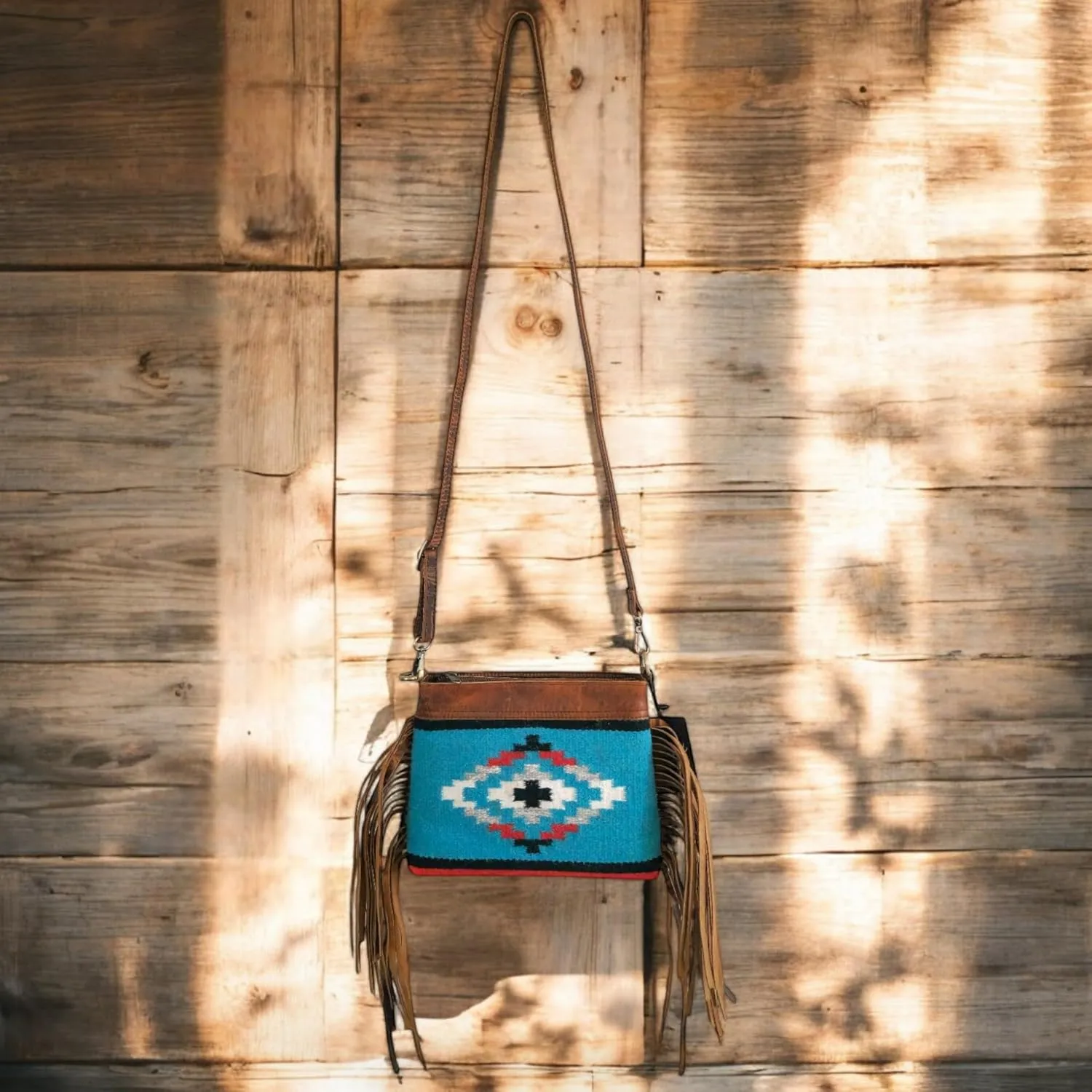 Handcrafted Saddle Blanket And Vintage Leather Crossbody Catalina Western Crossbody (Catalina With Fringe)
