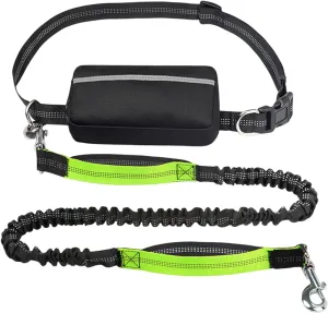 Hands Free Dog Leash with Zipper Pouch, Waist Dog Running Leash for Medium and Large Dogs, Retractable Bungee Waist Leashs with Dual Padded Handles & Waist Belt, for Walking Jogging (Green)