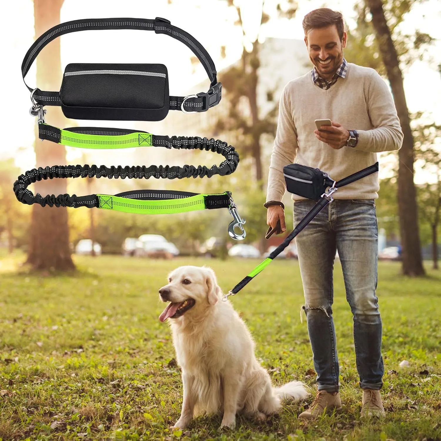 Hands Free Dog Leash with Zipper Pouch, Waist Dog Running Leash for Medium and Large Dogs, Retractable Bungee Waist Leashs with Dual Padded Handles & Waist Belt, for Walking Jogging (Green)