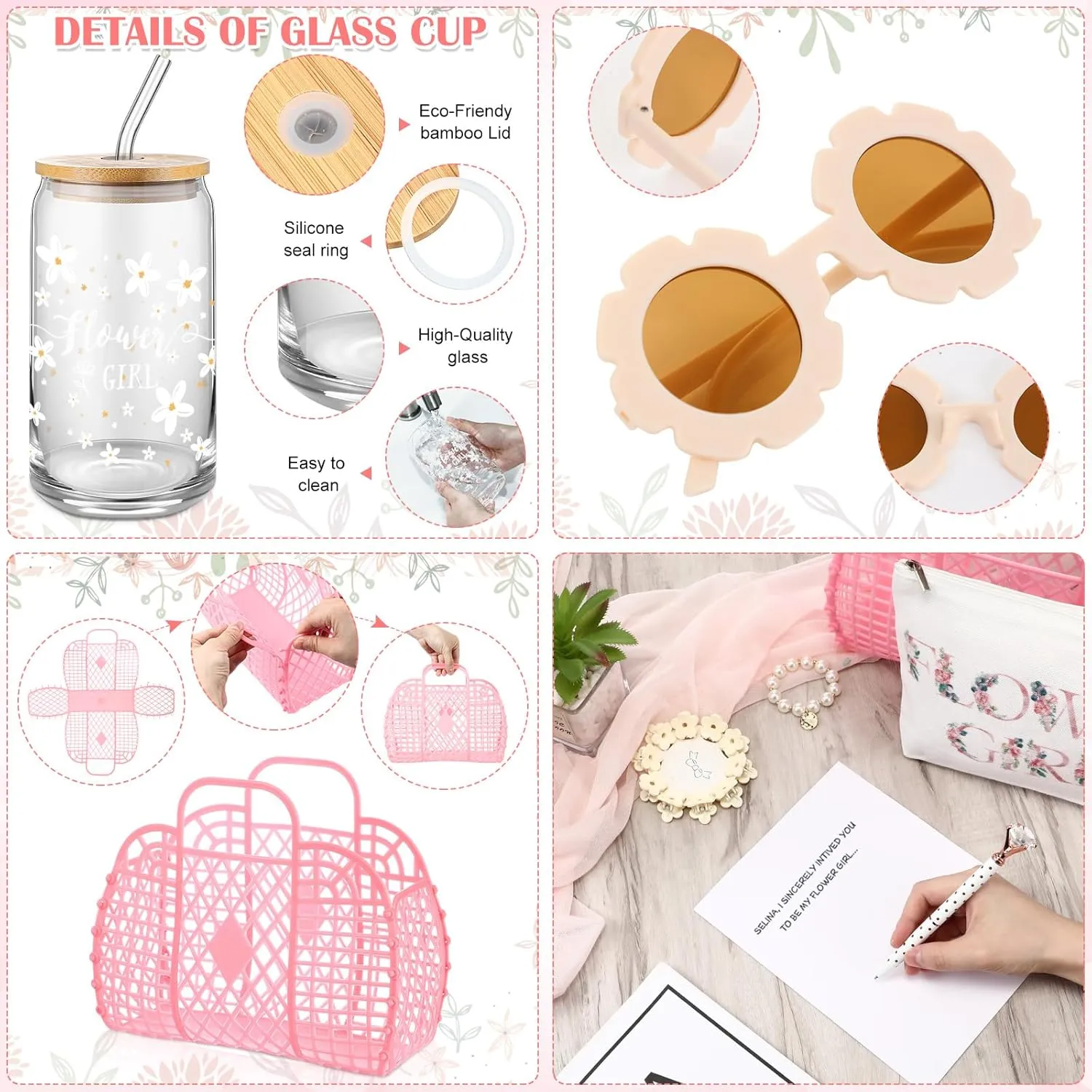 Havawish 8 Pcs Flower Girl Proposal Gifts Set Jelly Bag Will You Be My Card Cup Sunglasses Makeup Bag Pen Bracelet Hair Clip for Wedding Bridal Shower(Pink)