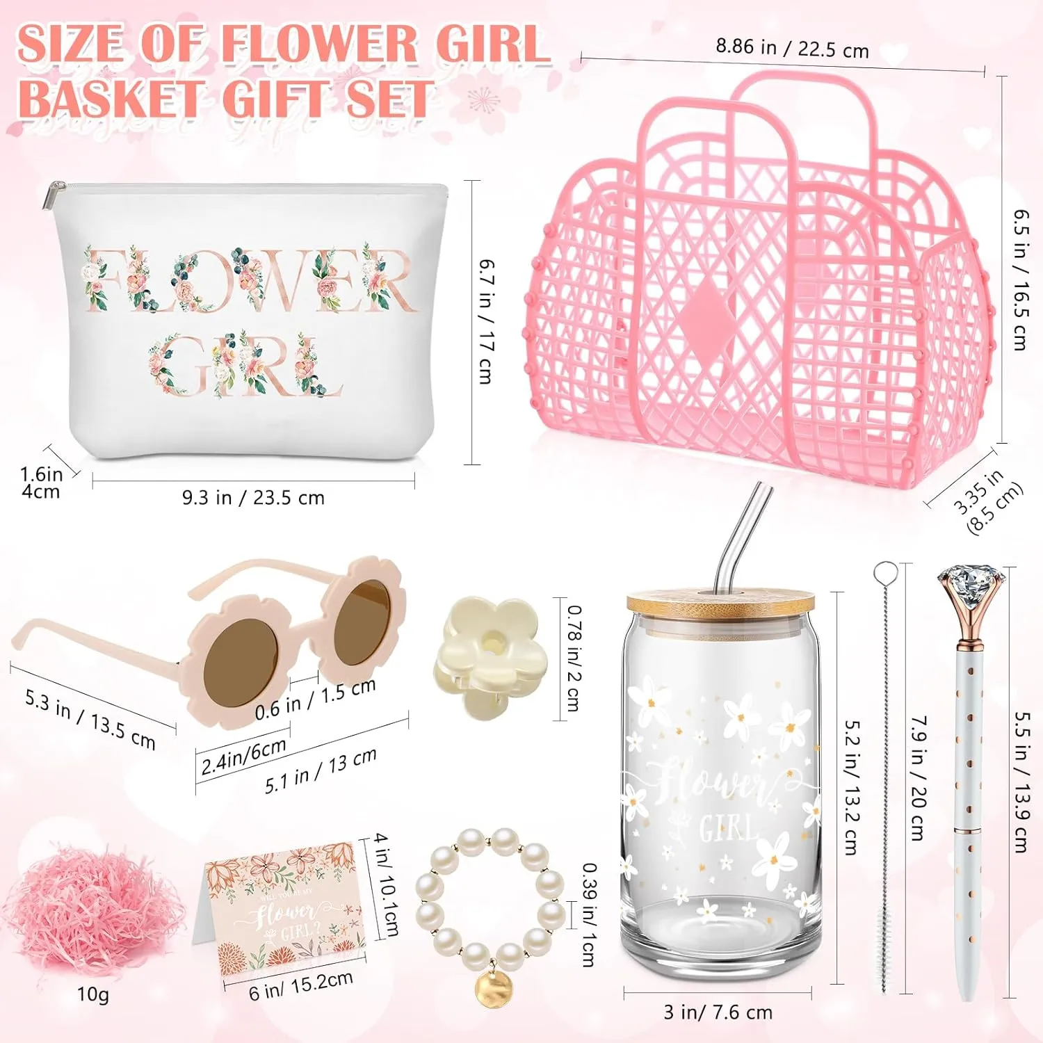 Havawish 8 Pcs Flower Girl Proposal Gifts Set Jelly Bag Will You Be My Card Cup Sunglasses Makeup Bag Pen Bracelet Hair Clip for Wedding Bridal Shower(Pink)