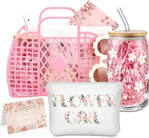 Havawish 8 Pcs Flower Girl Proposal Gifts Set Jelly Bag Will You Be My Card Cup Sunglasses Makeup Bag Pen Bracelet Hair Clip for Wedding Bridal Shower(Pink)