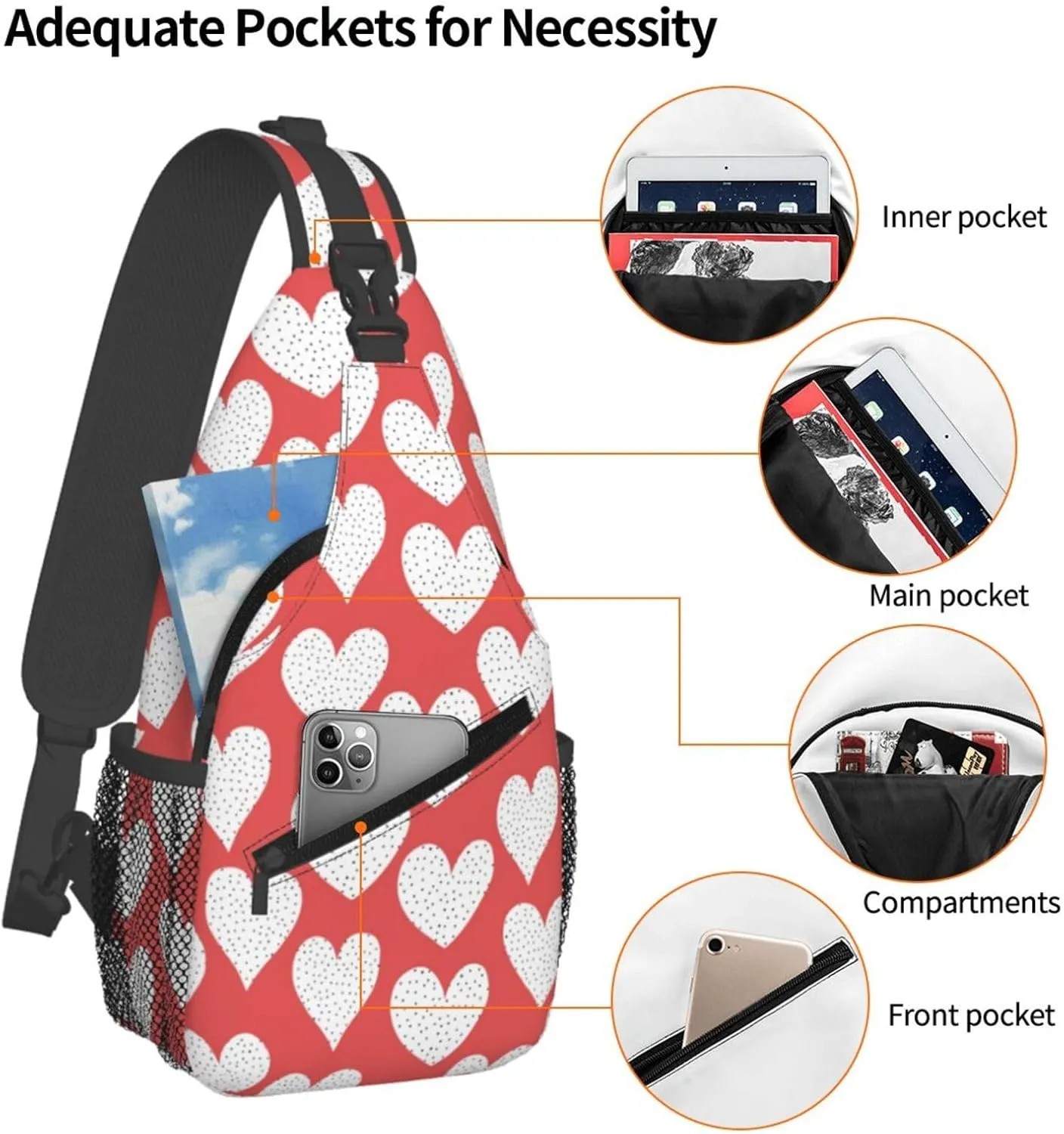 Heart Print Crossbody Bags Cross Men Chest Bag Adjustable Sling Backpack Shoulder Bag For Women Cycling Travel Sport Hiking