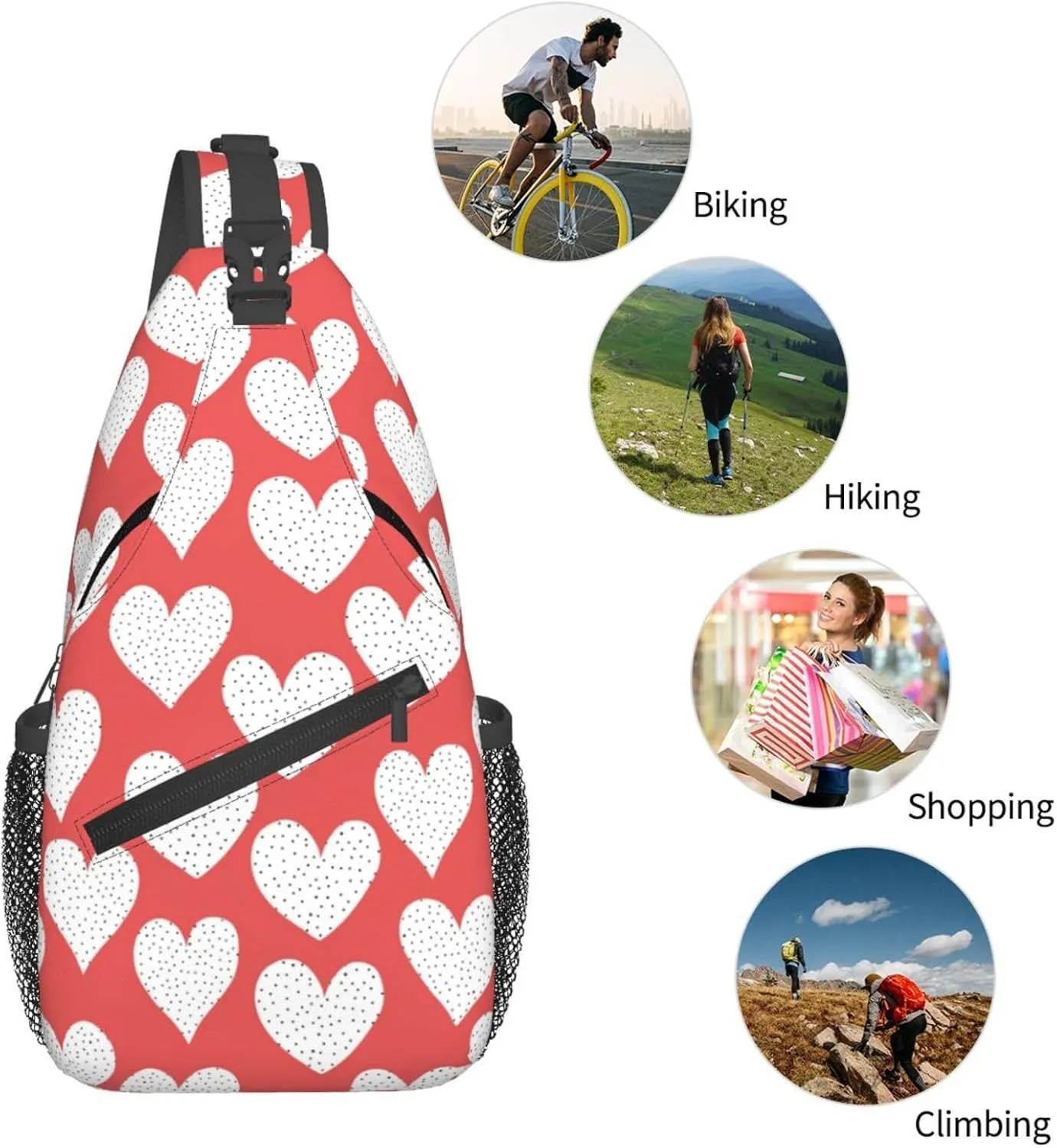 Heart Print Crossbody Bags Cross Men Chest Bag Adjustable Sling Backpack Shoulder Bag For Women Cycling Travel Sport Hiking