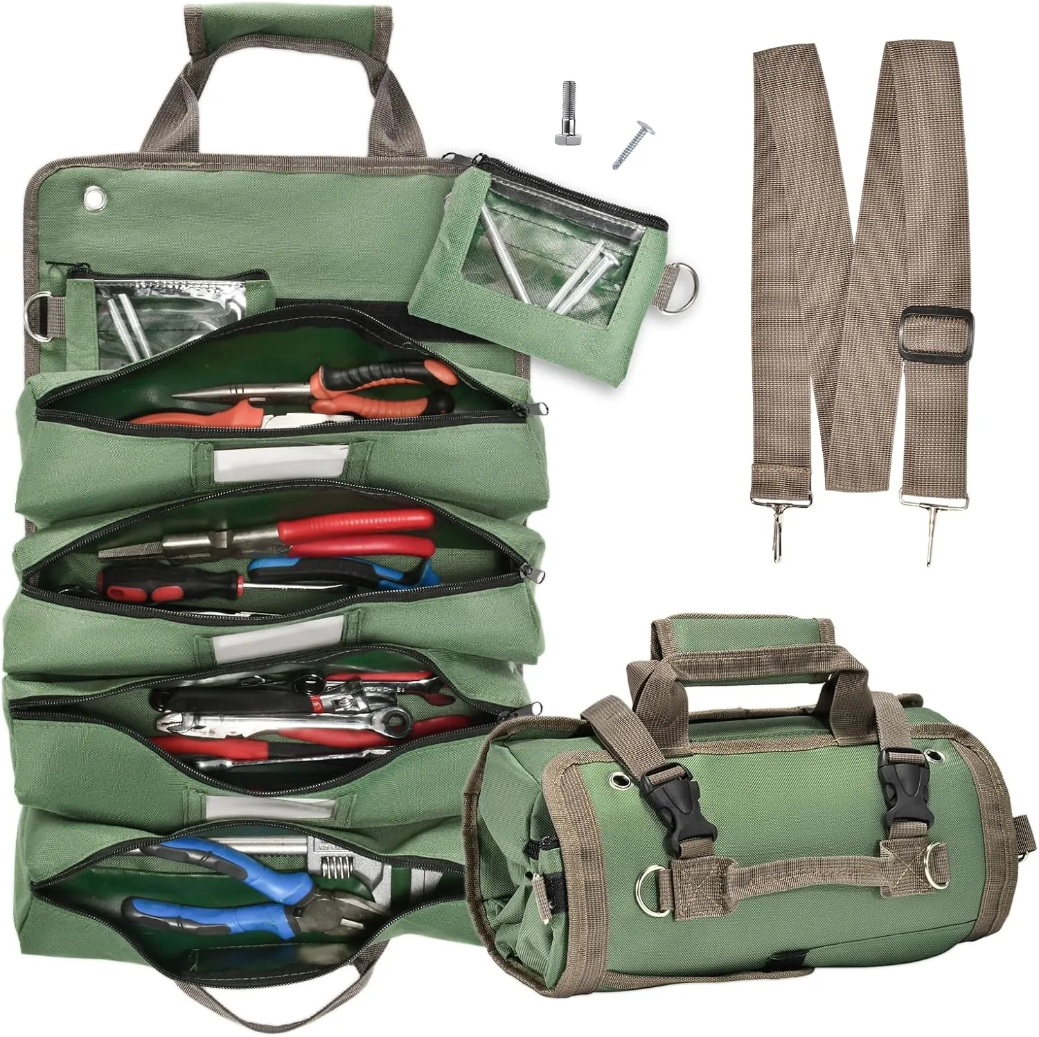 Heavy Duty Roll Up Tool Bag with Detachable Pouches, Waterproof Canvas, Tool Organizer for Mechanics, Electricians, Plumbers, and Carpenters - Perfect Small Gift for Dad (Green)