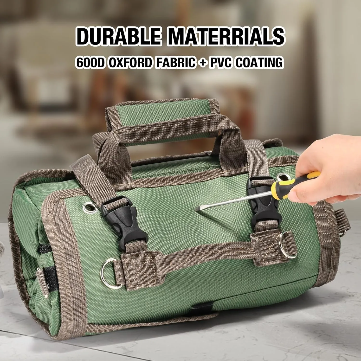 Heavy Duty Roll Up Tool Bag with Detachable Pouches, Waterproof Canvas, Tool Organizer for Mechanics, Electricians, Plumbers, and Carpenters - Perfect Small Gift for Dad (Green)